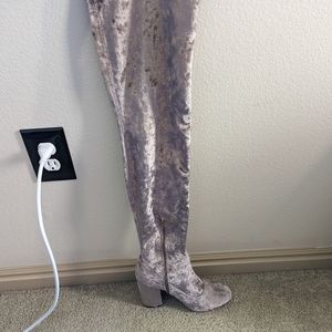 Over the knee pink velvet heeled boots